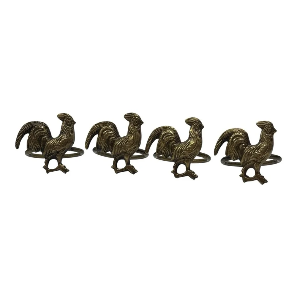 4 Vintage Brass Rooster Design Napkin Rings Farm Bird Chicken Decor‎